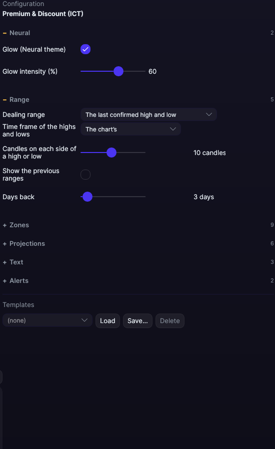 Premium & Discount (ICT) settings panel in Forge