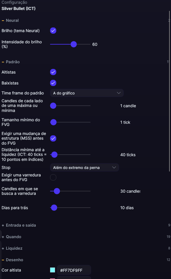 Painel de ajustes do Silver Bullet (ICT) no Forge