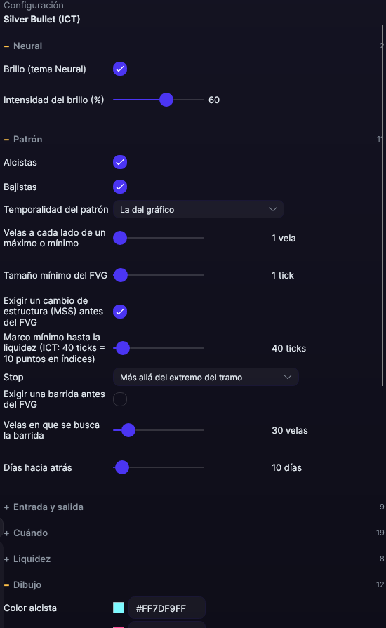 Panel de ajustes de Silver Bullet (ICT) en Forge