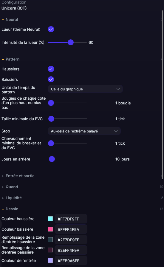 Panneau des réglages de Unicorn (ICT) dans Forge