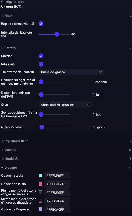 Pannello delle impostazioni di Unicorn (ICT) in Forge