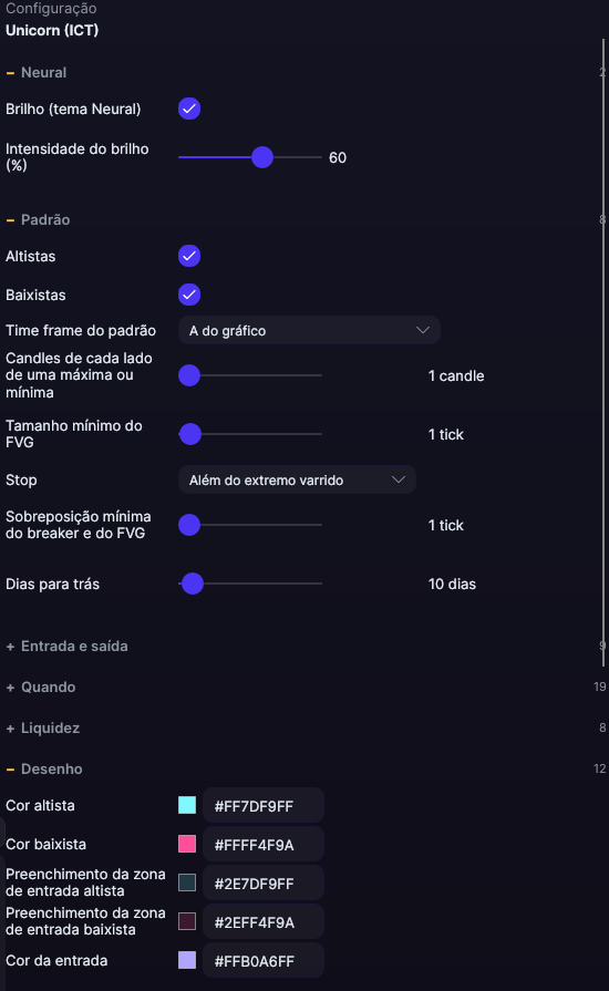 Painel de ajustes do Unicorn (ICT) no Forge