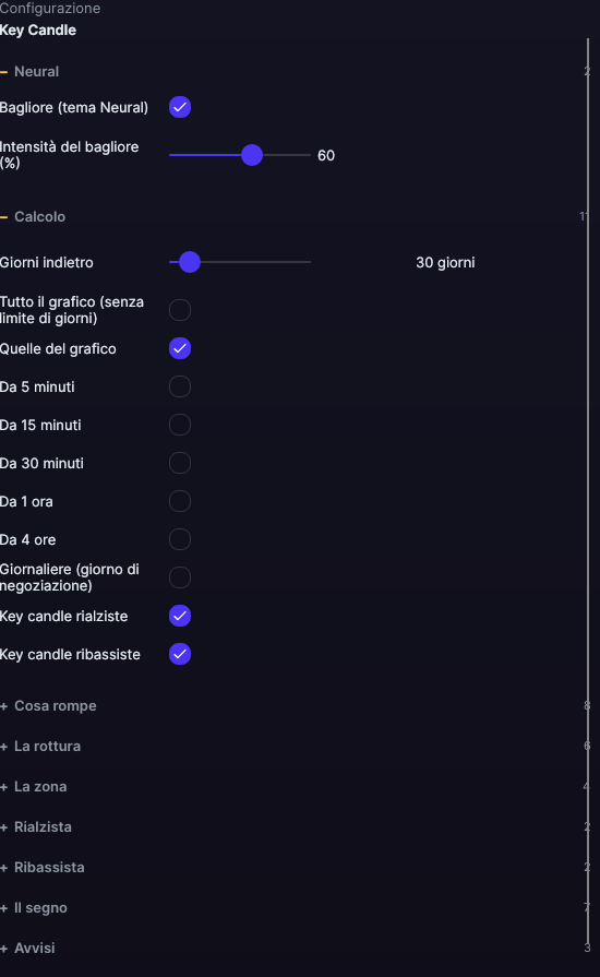 Pannello delle impostazioni di Key Candle in Forge