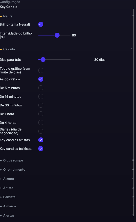 Painel de ajustes do Key Candle no Forge