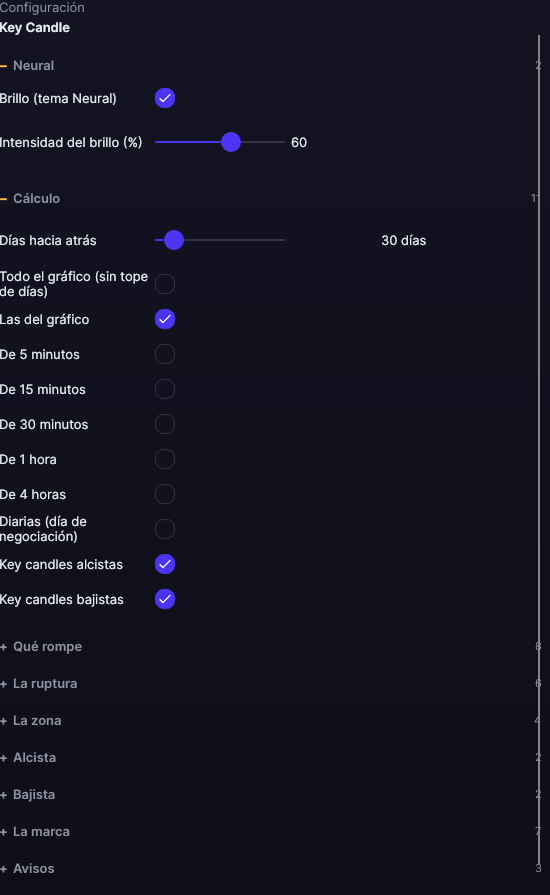 Panel de ajustes de Key Candle en Forge