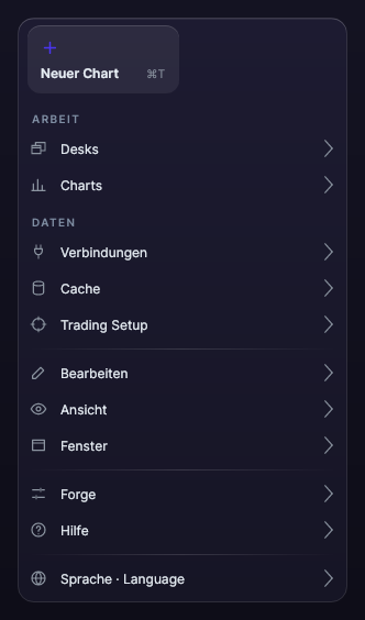 Forge-Menü mit den Gruppen Arbeit, Daten, Bearbeiten, Ansicht, Fenster, Forge und Hilfe