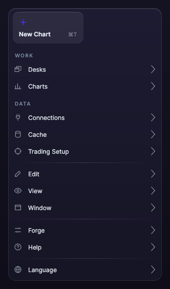 Forge menu with the groups Work, Data, Edit, View, Window, Forge and Help