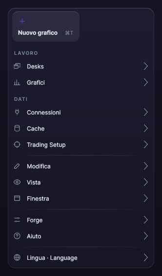 Menu di Forge con i gruppi Lavoro, Dati, Modifica, Vista, Finestra, Forge e Aiuto
