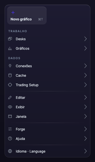 Menu do Forge com os grupos Trabalho, Dados, Editar, Ver, Janela, Forge e Ajuda