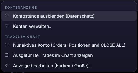 Menü des Trader-Panels mit Kontostände ausblenden (Datenschutz), Konten verwalten und den Optionen für Trades im Chart