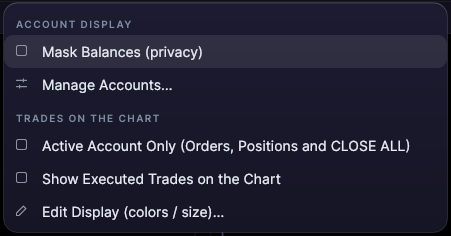 Trader panel menu with Mask Balances (privacy), Manage Accounts and the options for trades on the chart