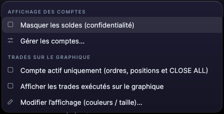 Menu du panneau Trader avec Masquer les soldes (confidentialité), Gérer les comptes et les options des trades sur le graphique