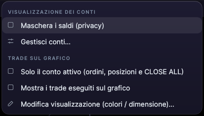 Menu del pannello Trader con Maschera i saldi (privacy), Gestisci conti e le opzioni dei trade sul grafico