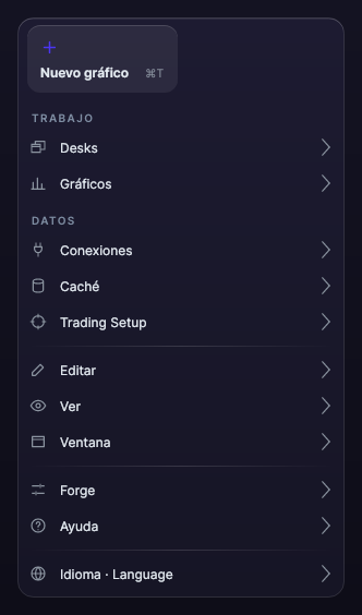 Menú de Forge con los grupos Trabajo, Datos, Editar, Ver, Ventana, Forge y Ayuda