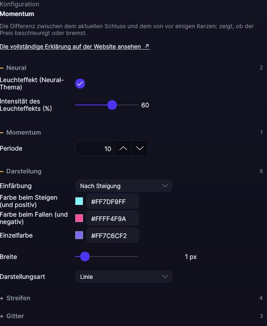 Einstellungsfenster des Momentum in Forge, mit den Abschnitten Momentum, Darstellung, Streifen und Gitter