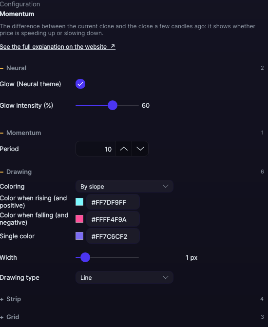 Momentum settings panel in Forge, with the Momentum, Drawing, Strip and Grid sections