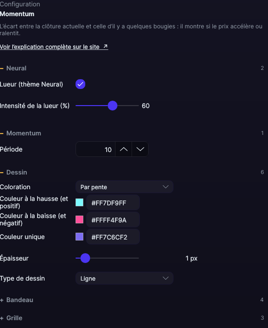 Panneau de réglages du Momentum dans Forge, avec les sections Momentum, Dessin, Bandeau et Grille