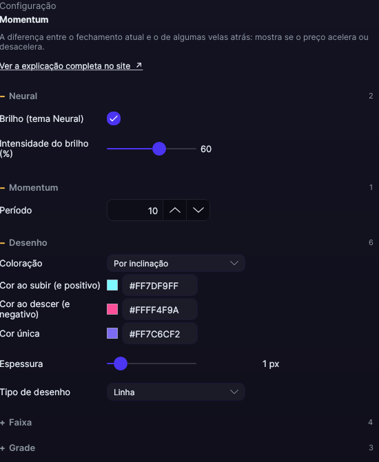 Painel de ajustes do Momentum no Forge, com as seções Momentum, Desenho, Faixa e Grade