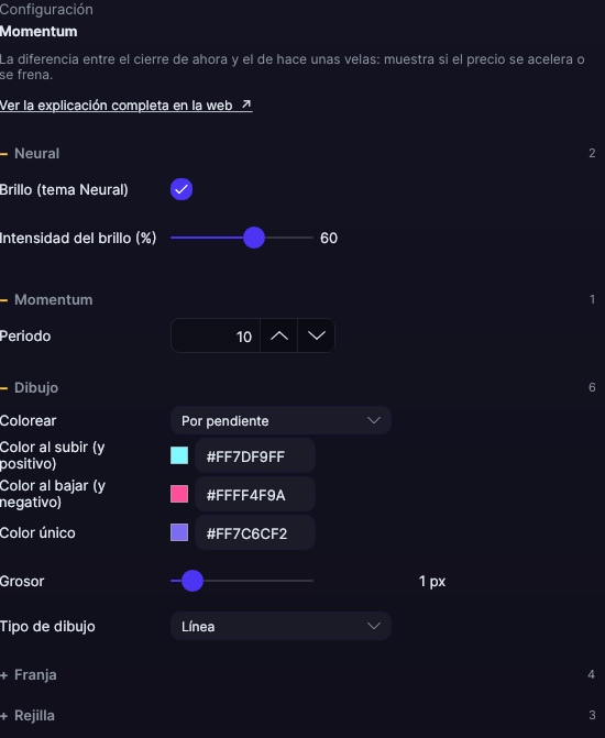 Panel de ajustes del Momentum en Forge, con los apartados Momentum, Dibujo, Franja y Rejilla