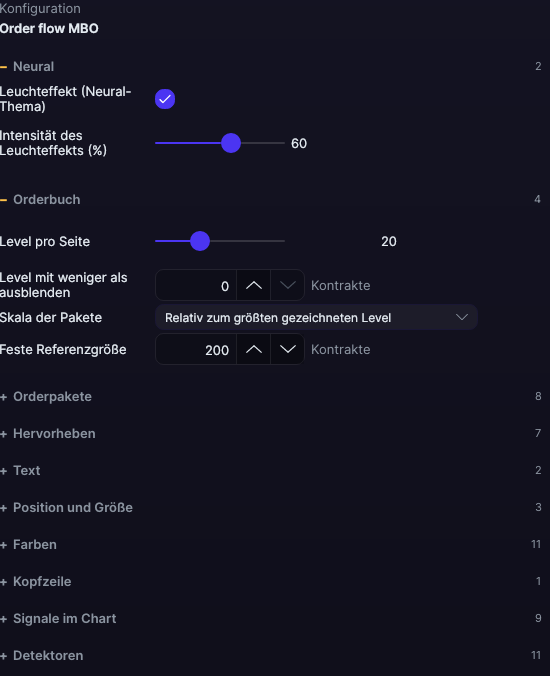 Einstellungsfenster des Order flow MBO in Forge, mit geöffneten Abschnitten Neural und Orderbuch