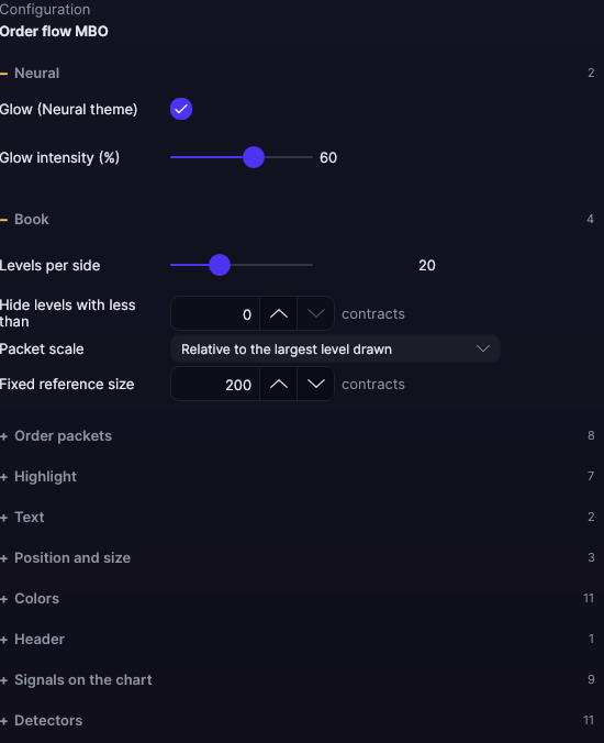 Order flow MBO settings panel in Forge, with the Neural and Book sections open