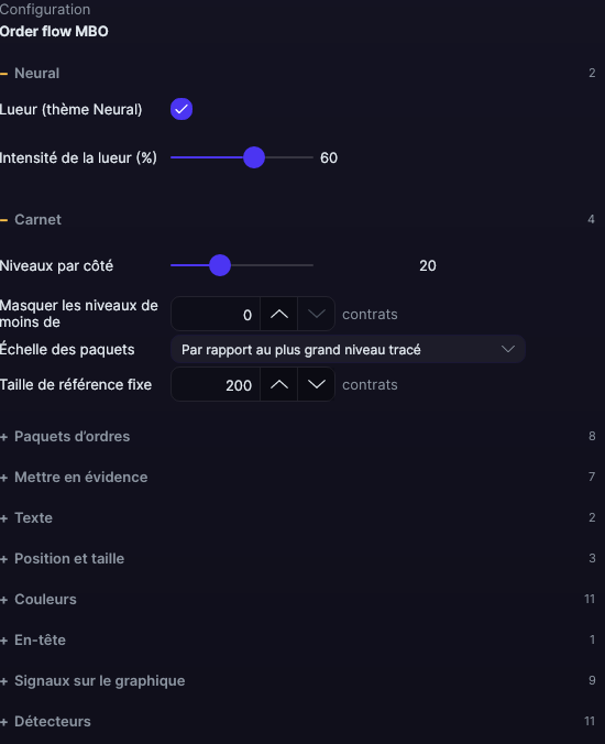 Panneau de réglages de l’Order flow MBO dans Forge, avec les sections Neural et Carnet ouvertes
