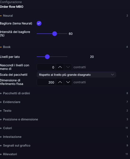 Pannello delle impostazioni dell’Order flow MBO in Forge, con le sezioni Neural e Book aperte