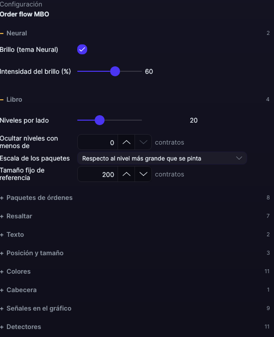 Panel de ajustes del Order flow MBO en Forge, con los apartados Neural y Libro abiertos