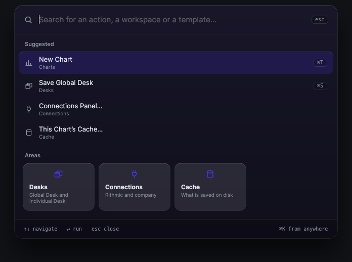 Forge search with suggested actions and the areas Desks, Connections and Cache