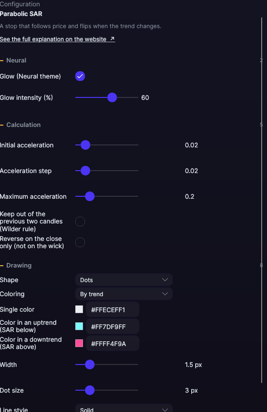 Parabolic SAR settings panel in Forge, with the Calculation and Drawing sections open
