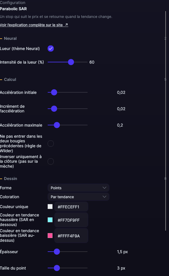 Panneau de réglages du Parabolic SAR dans Forge, avec les sections Calcul et Dessin ouvertes