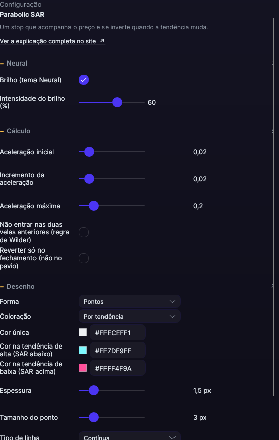 Painel de ajustes do Parabolic SAR no Forge, com as seções Cálculo e Desenho abertas