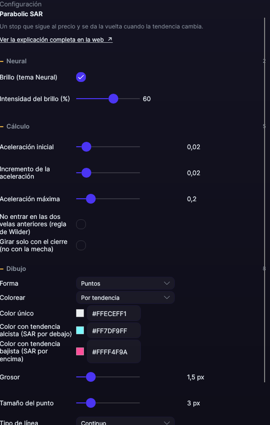 Panel de ajustes del Parabolic SAR en Forge, con los apartados Cálculo y Dibujo abiertos