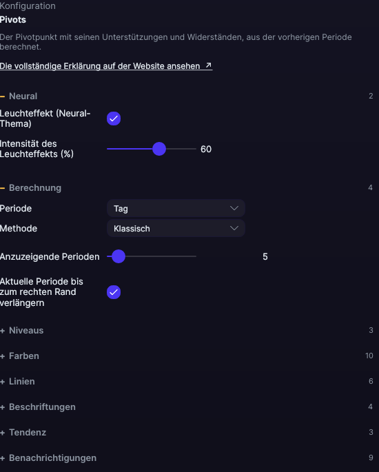 Einstellungsfenster von Pivots in Forge, mit dem Abschnitt Berechnung geöffnet