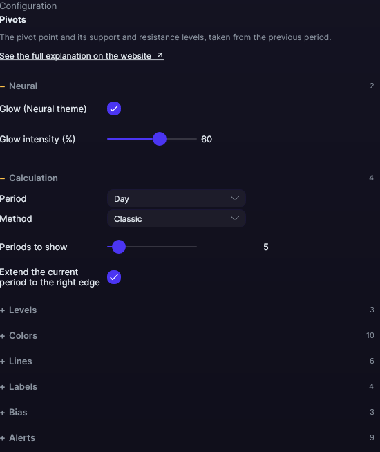 Pivots settings panel in Forge, with the Calculation section open