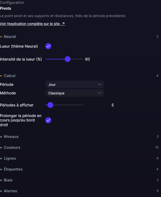 Panneau de réglages de Pivots dans Forge, avec la section Calcul ouverte