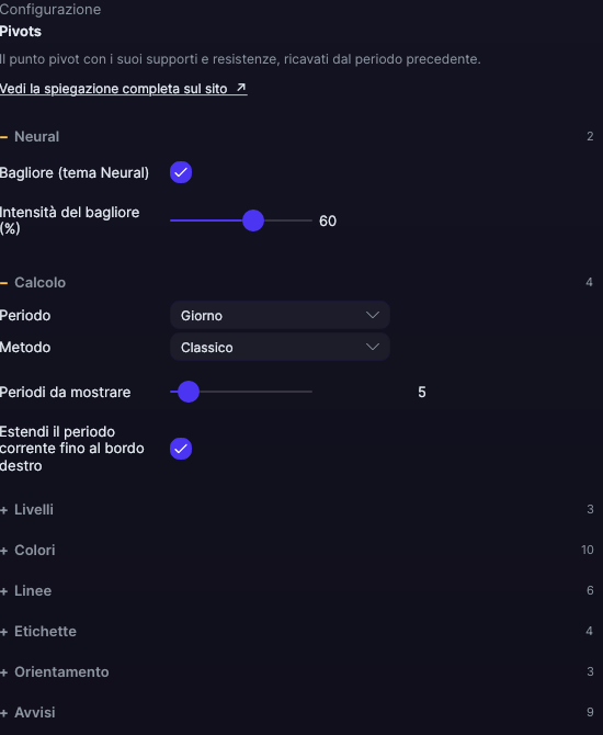 Pannello delle impostazioni di Pivots in Forge, con la sezione Calcolo aperta