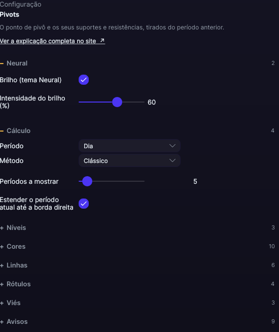 Painel de ajustes do Pivots no Forge, com a seção Cálculo aberta
