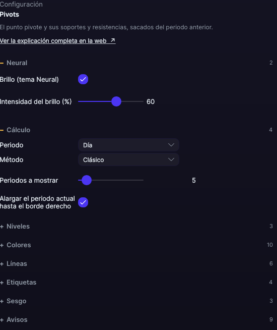 Panel de ajustes de Pivots en Forge, con el apartado Cálculo abierto