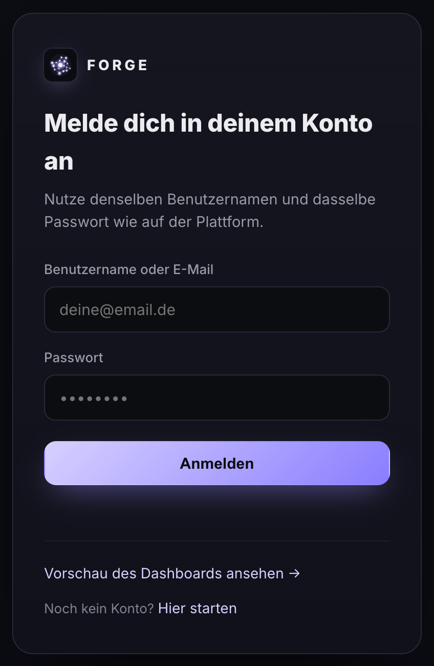 Anmeldeformular für dein Konto auf forgecharts.net