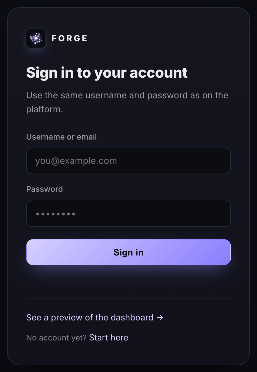 Sign in to your account form on forgecharts.net