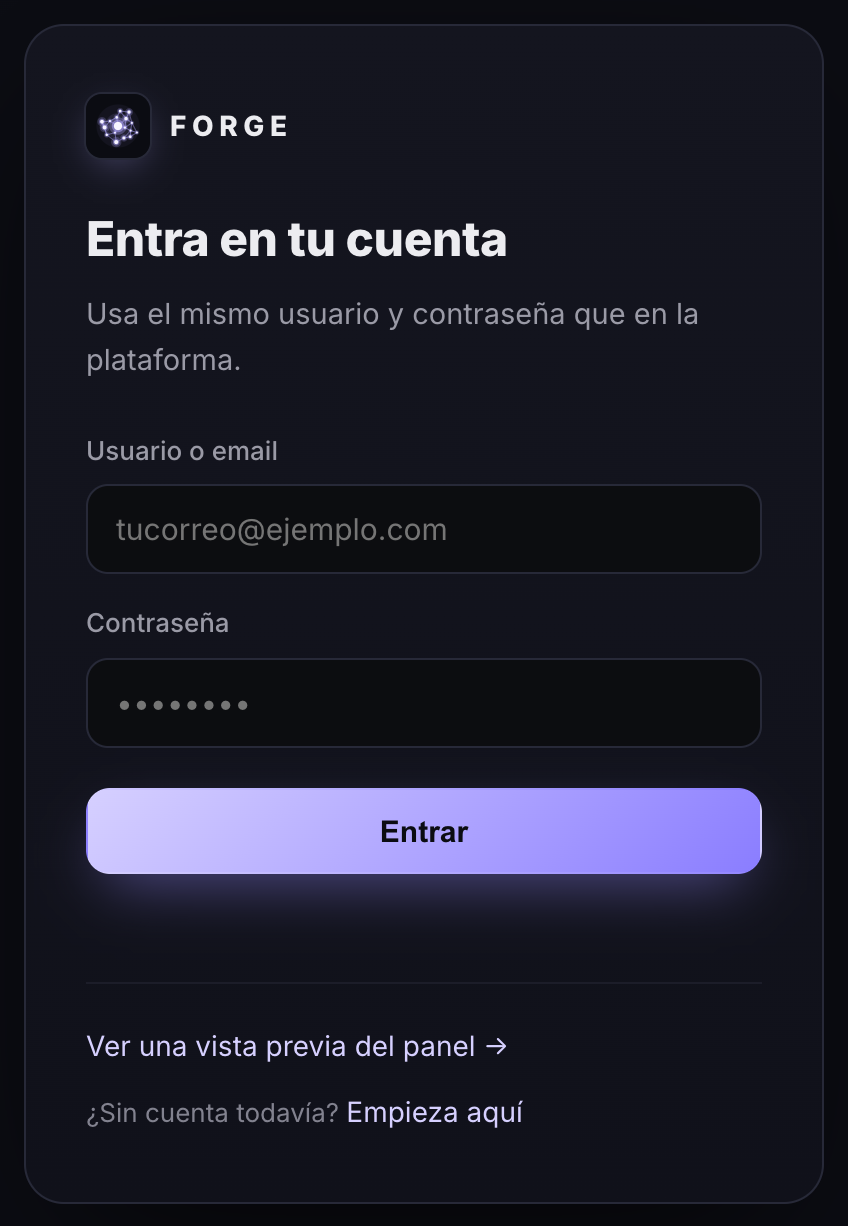 Formulario Entra en tu cuenta de forgecharts.net