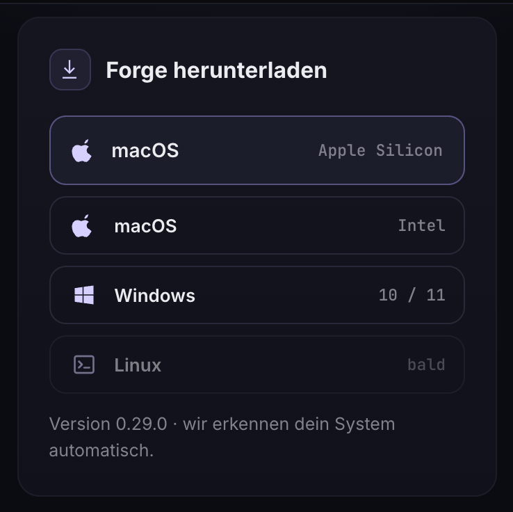 Karte Forge herunterladen in deinem Konto mit macOS Apple Silicon, macOS Intel und Windows