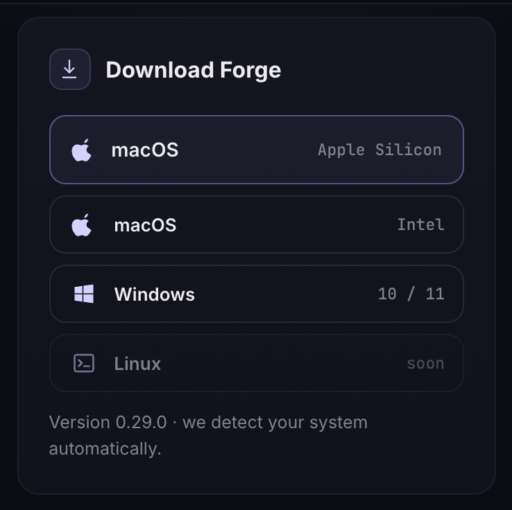 Download Forge card in your account with macOS Apple Silicon, macOS Intel and Windows