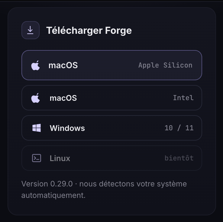 Carte Télécharger Forge de votre compte avec macOS Apple Silicon, macOS Intel et Windows