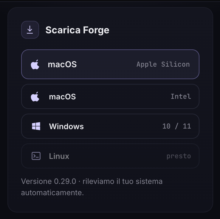 Scheda Scarica Forge del tuo account con macOS Apple Silicon, macOS Intel e Windows