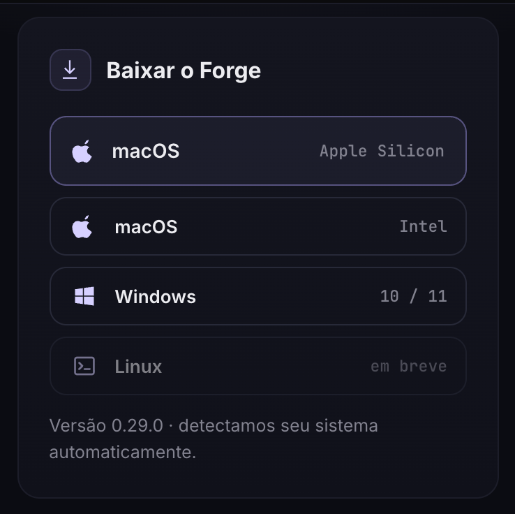 Cartão Baixar o Forge da sua conta com macOS Apple Silicon, macOS Intel e Windows