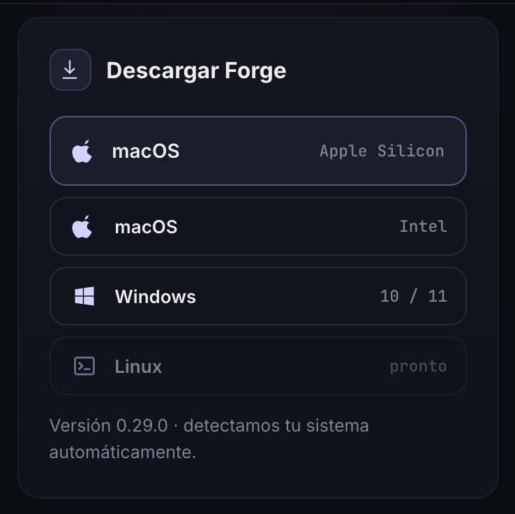 Tarjeta Descargar Forge de tu cuenta con macOS Apple Silicon, macOS Intel y Windows