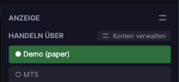 Trading-Panel von Forge mit HANDELN ÜBER und der Schaltfläche Konten verwalten