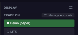 Forge trading panel with TRADE ON and the Manage Accounts button